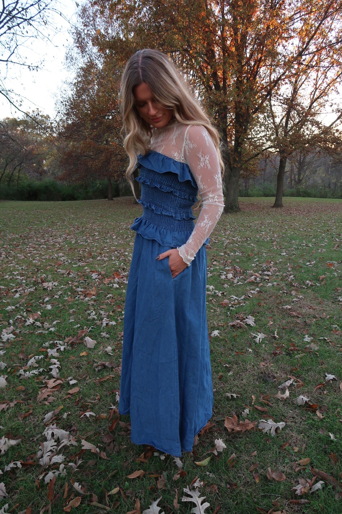 Maple Denim Ruffle Strapless maxi dress