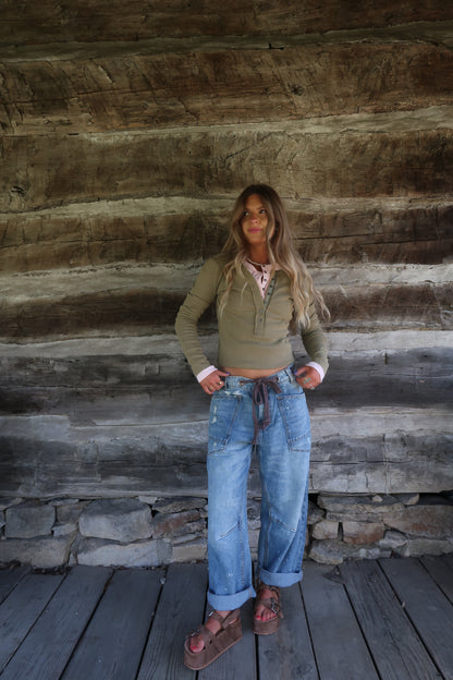 Olive Ribbed Henley Long Slv