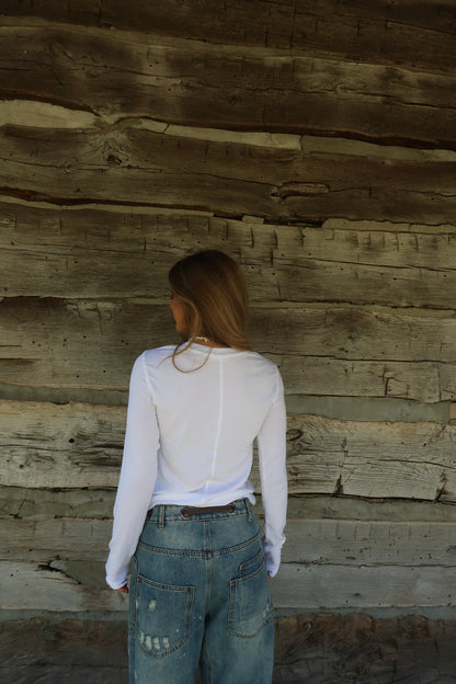 White Ribbed Long Slv