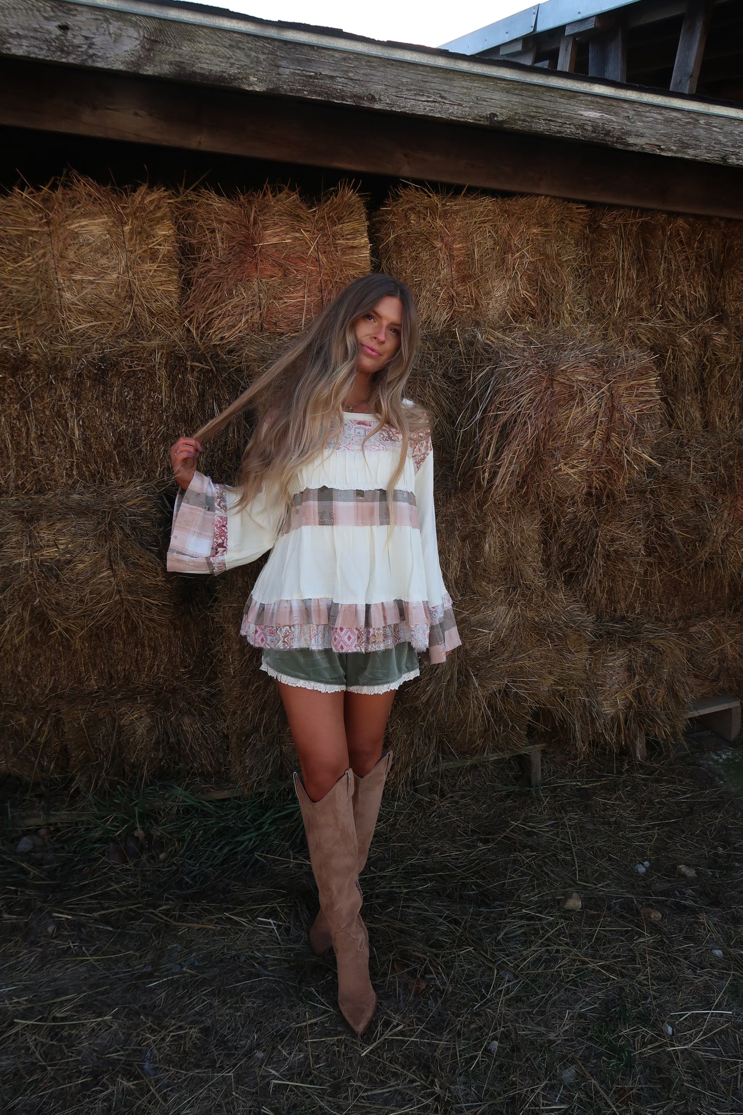 Wander Patchwork Plaid Babydoll Top