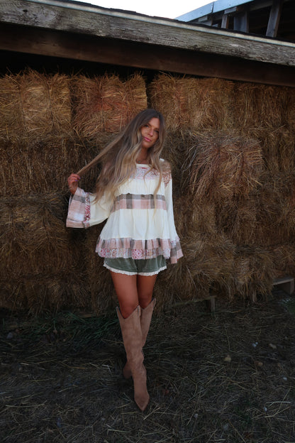 Wander Patchwork Plaid Babydoll Top