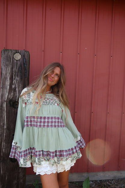 Green Tea Patchwork Babydoll Top