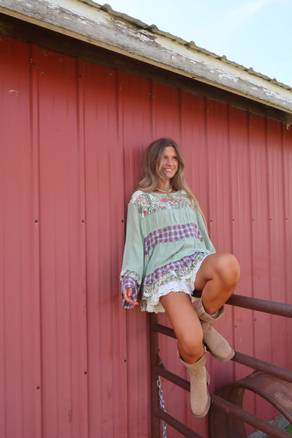 Green Tea Patchwork Babydoll Top