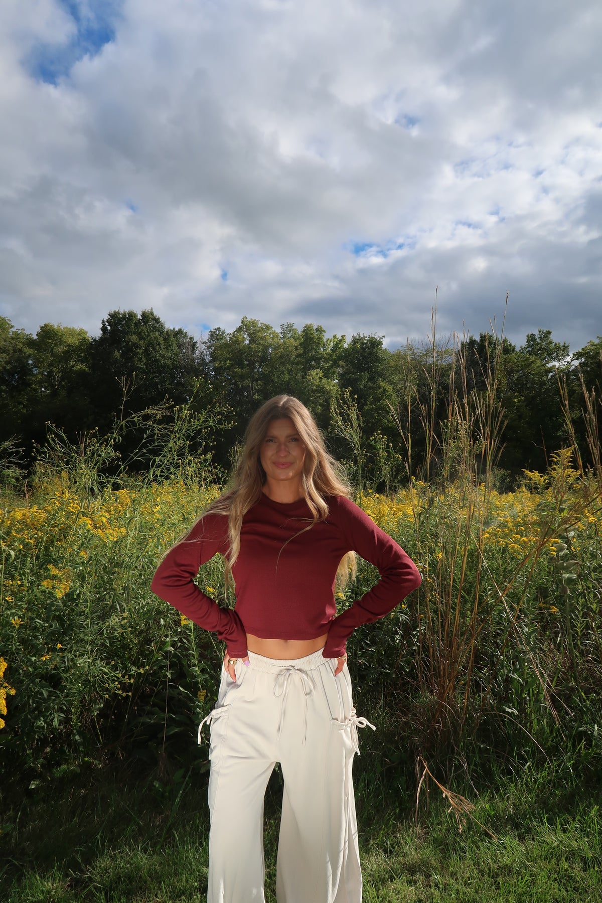 Burgundy Ribbed Crop Long Slv