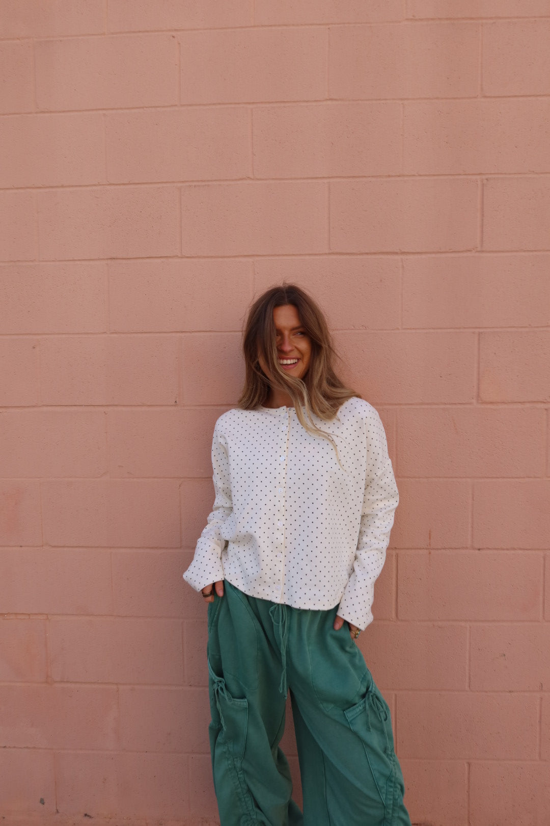 Polka Dot Bttn Front Long Slv