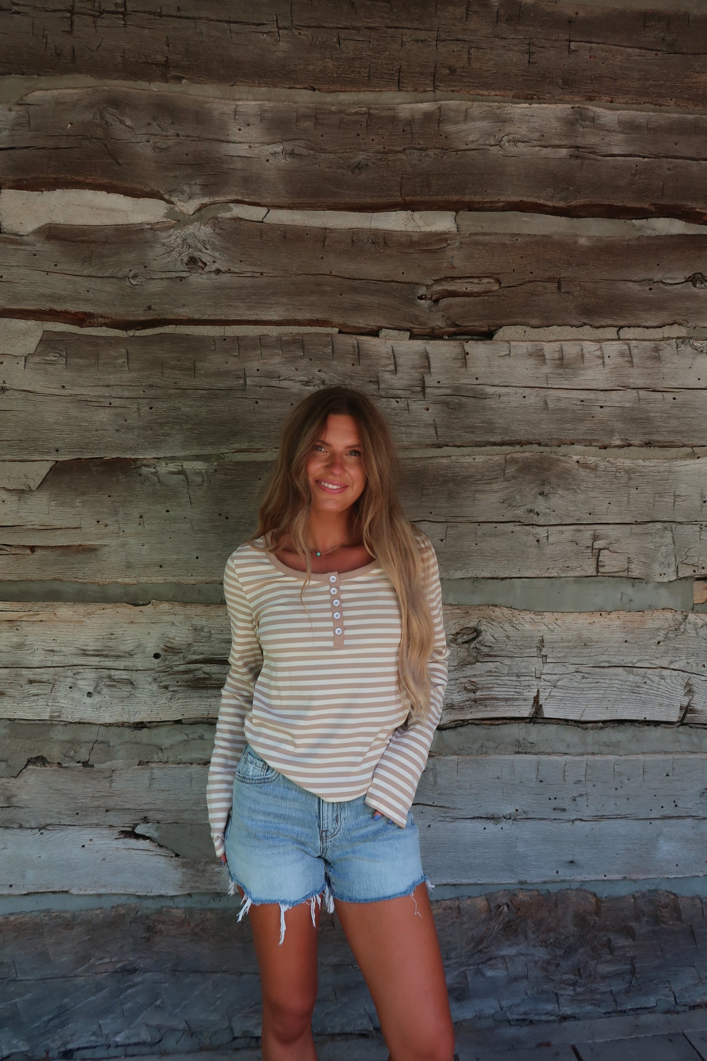 Latte Stripe Henley Long Slv