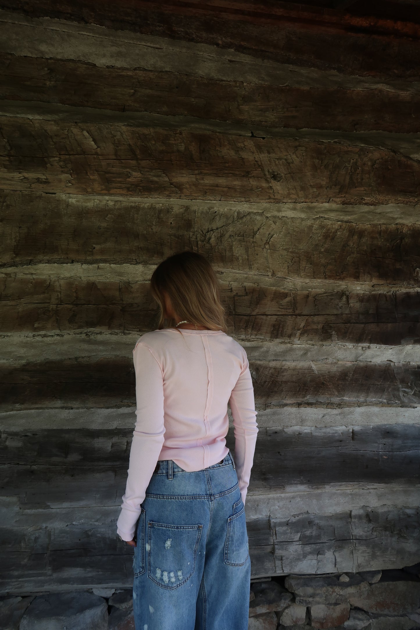 Blush Ribbed Henley Long Slv