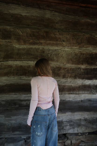 Blush Ribbed Henley Long Slv