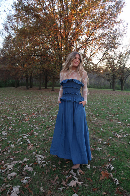 Maple Denim Ruffle Strapless maxi dress