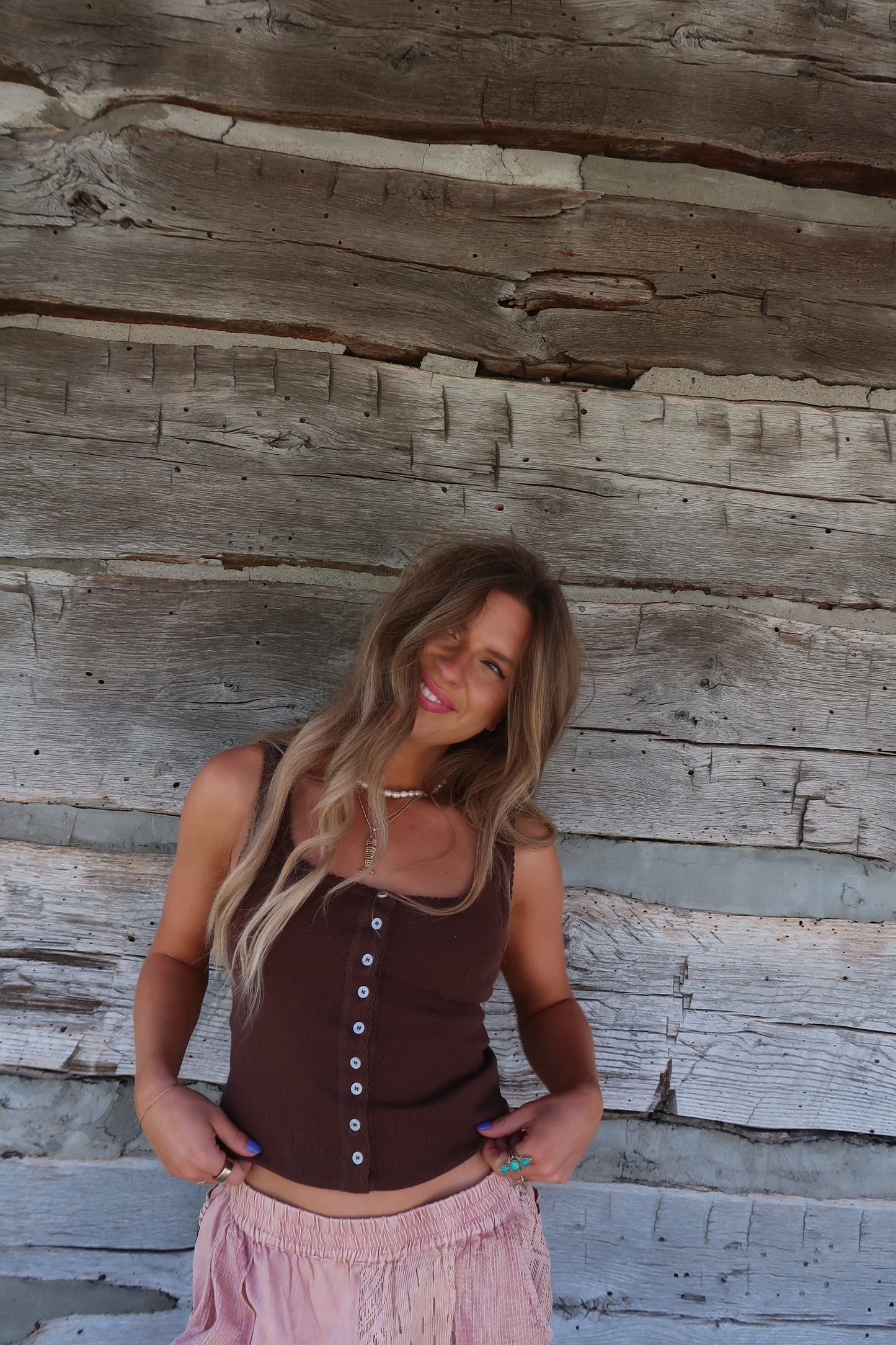 Brown Bttn Sq Neck Tank