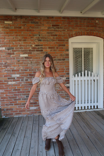 Pecan Pie Gingham Maxi Dress