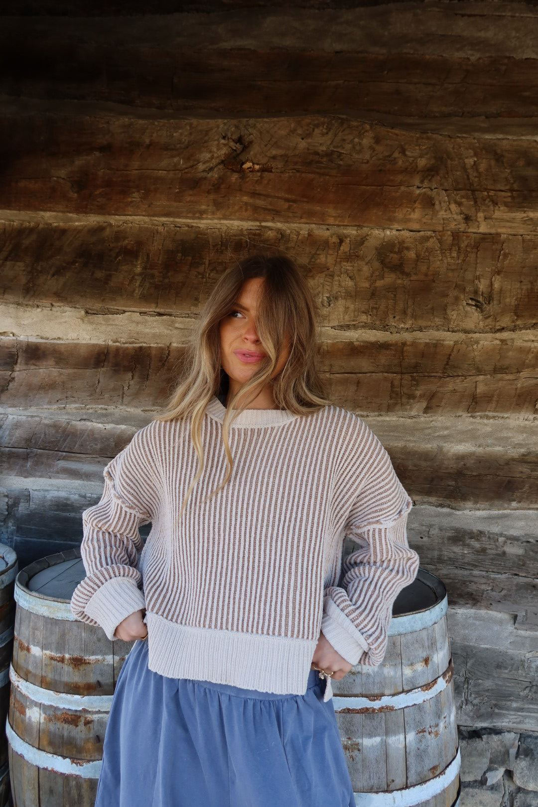 Ecru Striped Knit Sweater