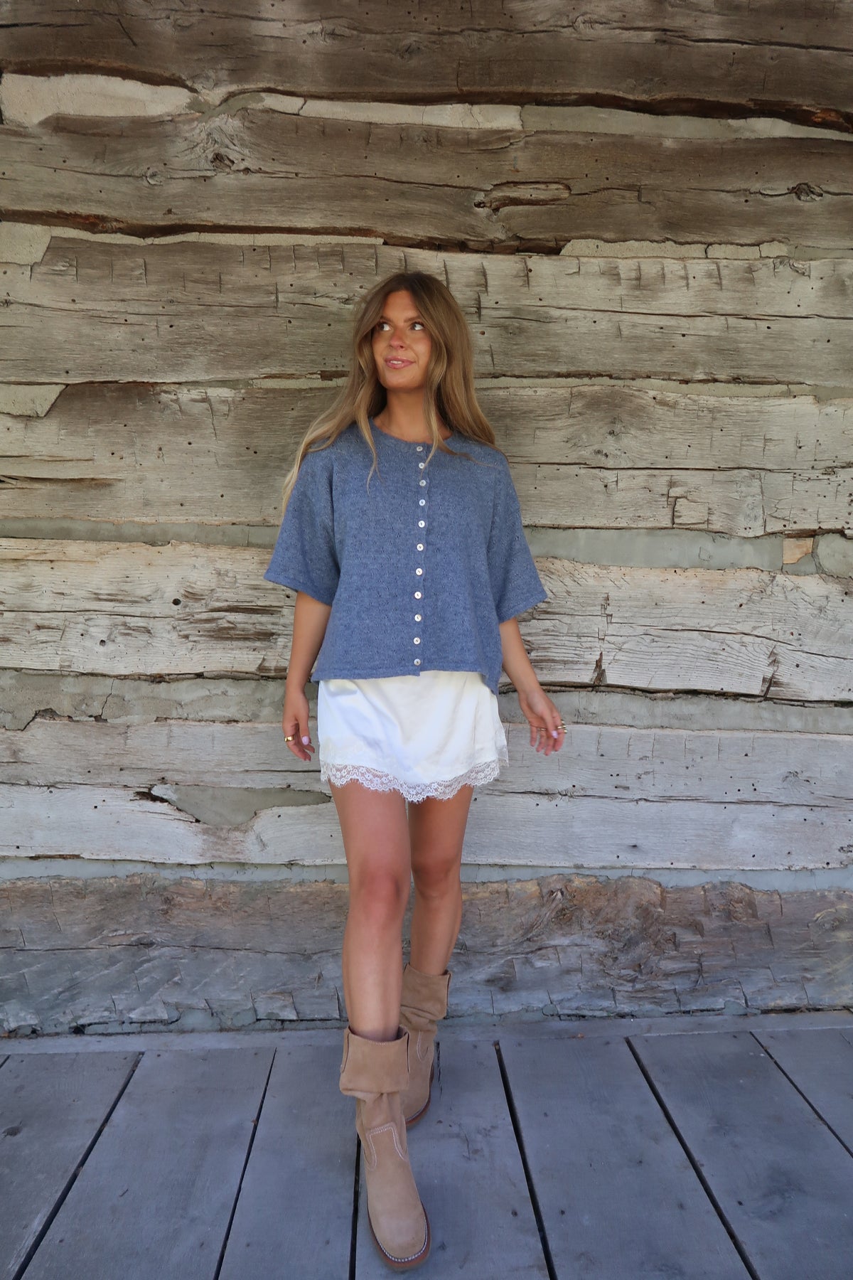 Denim Pointelle Short Slv Everyday Cardi