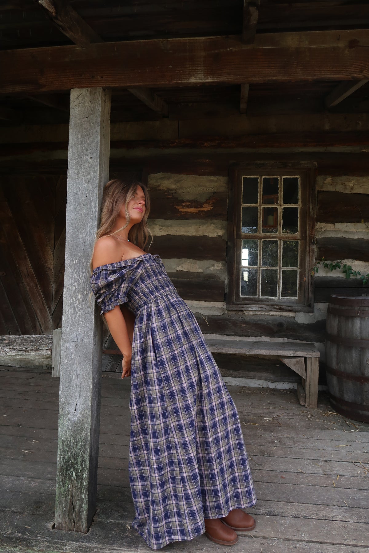 Gather Plaid Midi Dress