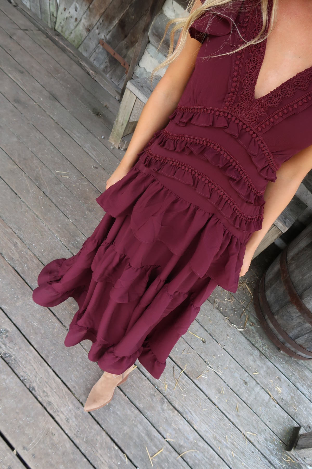 Deep Wine Ruffle Midi Dress