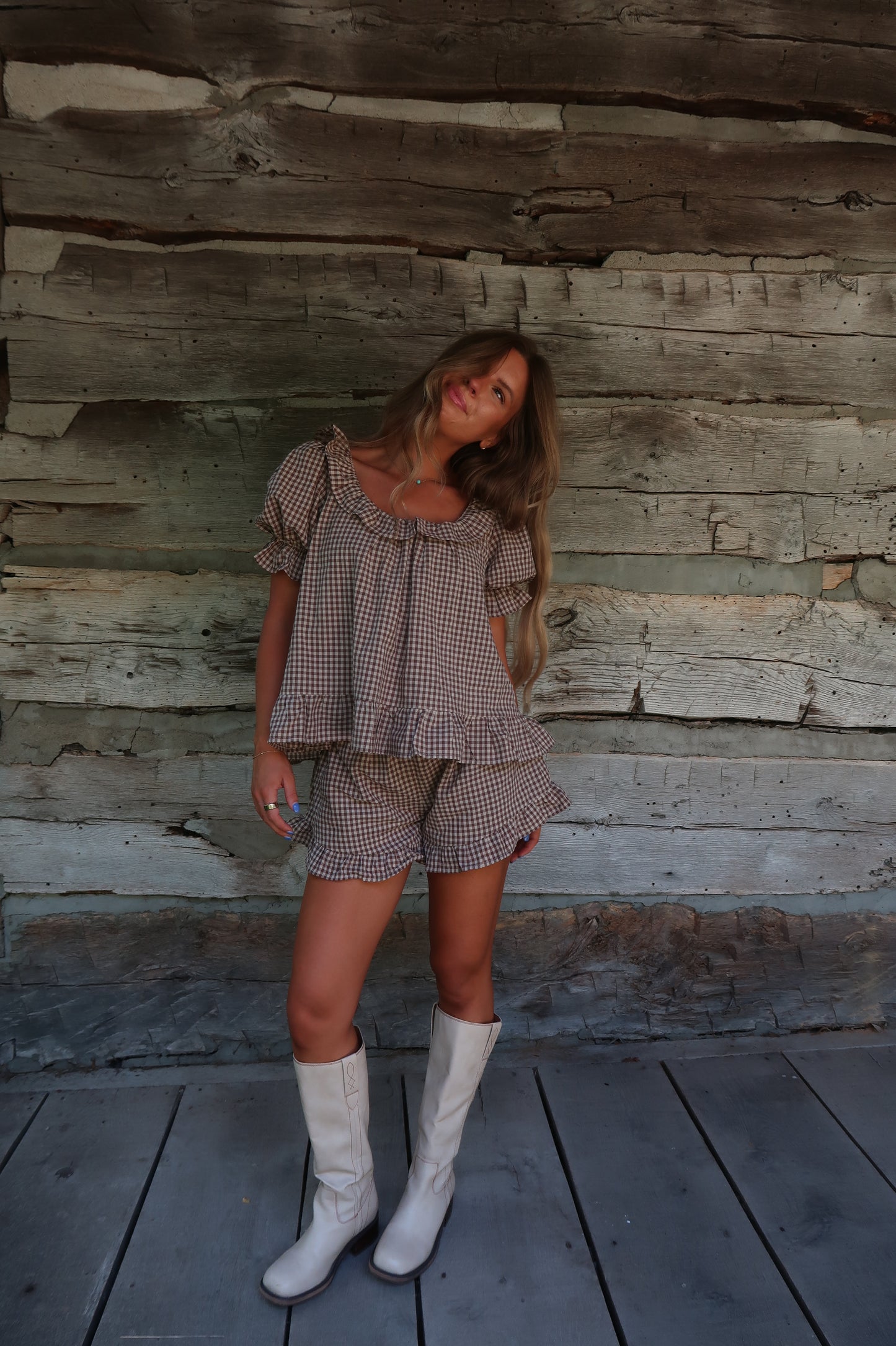 Brown Sugar Gingham Ruffle Top