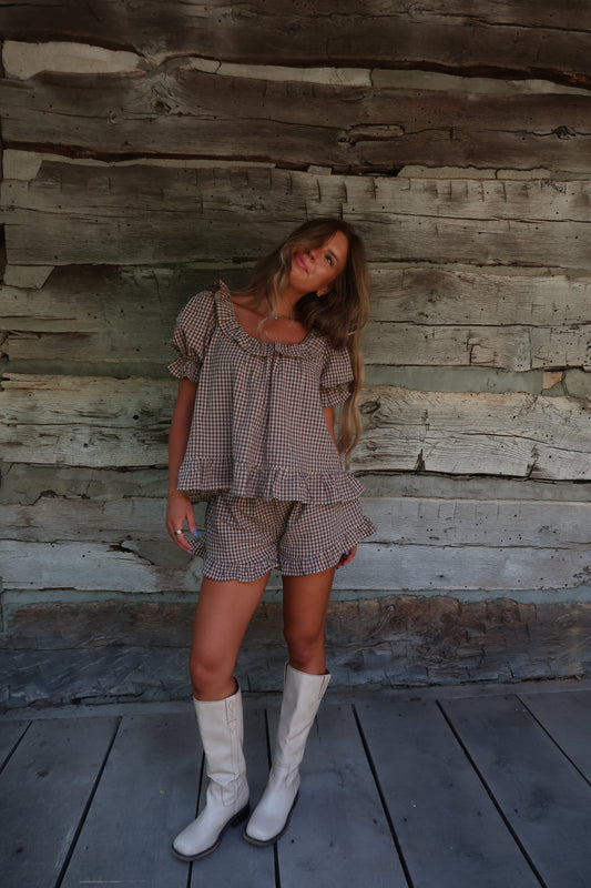 Brown Sugar Gingham Ruffle Top