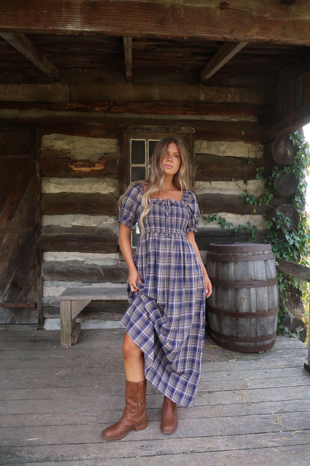 Gather Plaid Midi Dress