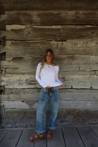 White Ribbed Long Slv