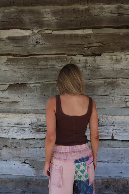 Brown Bttn Sq Neck Tank