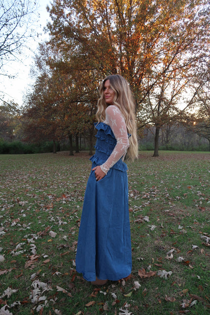 Maple Denim Ruffle Strapless maxi dress