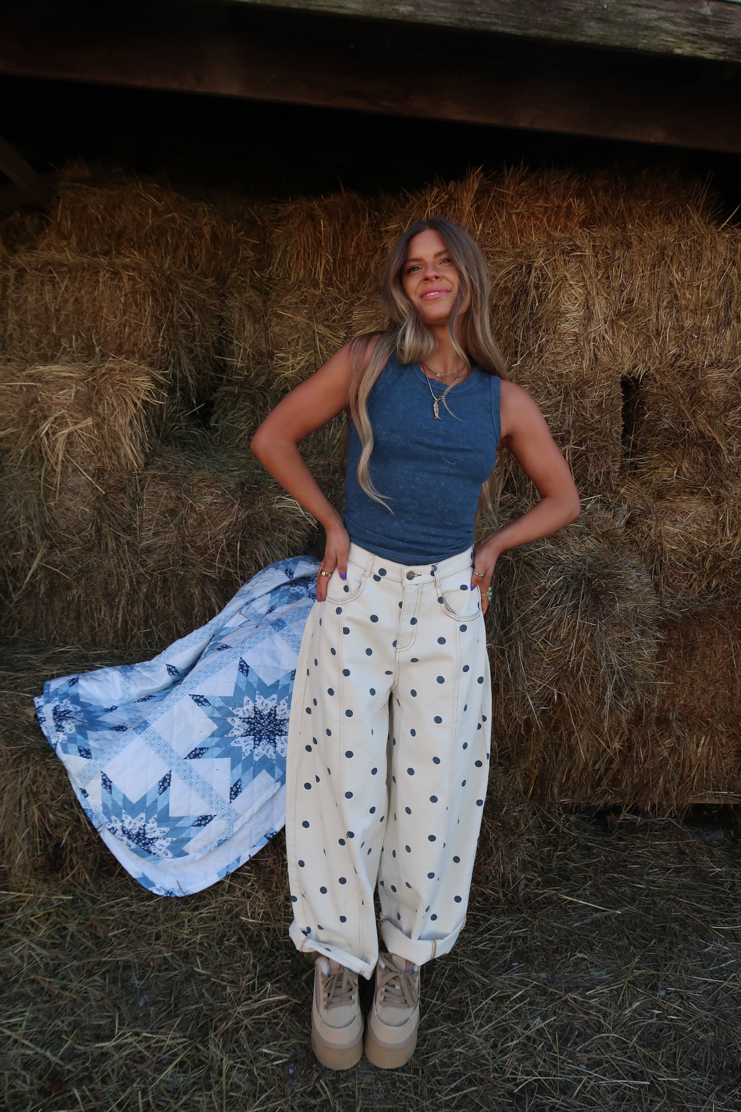 Navy Dot Barrel Jeans