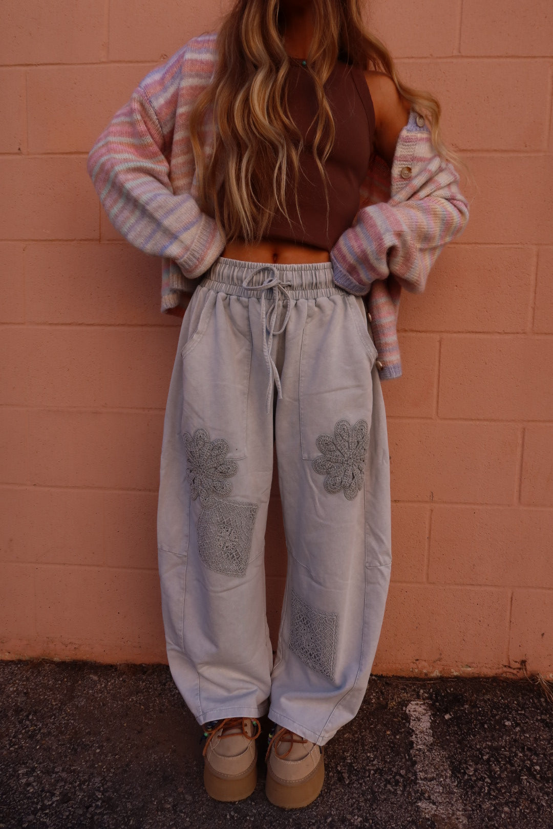 Silver Crochet Barrel Sweats
