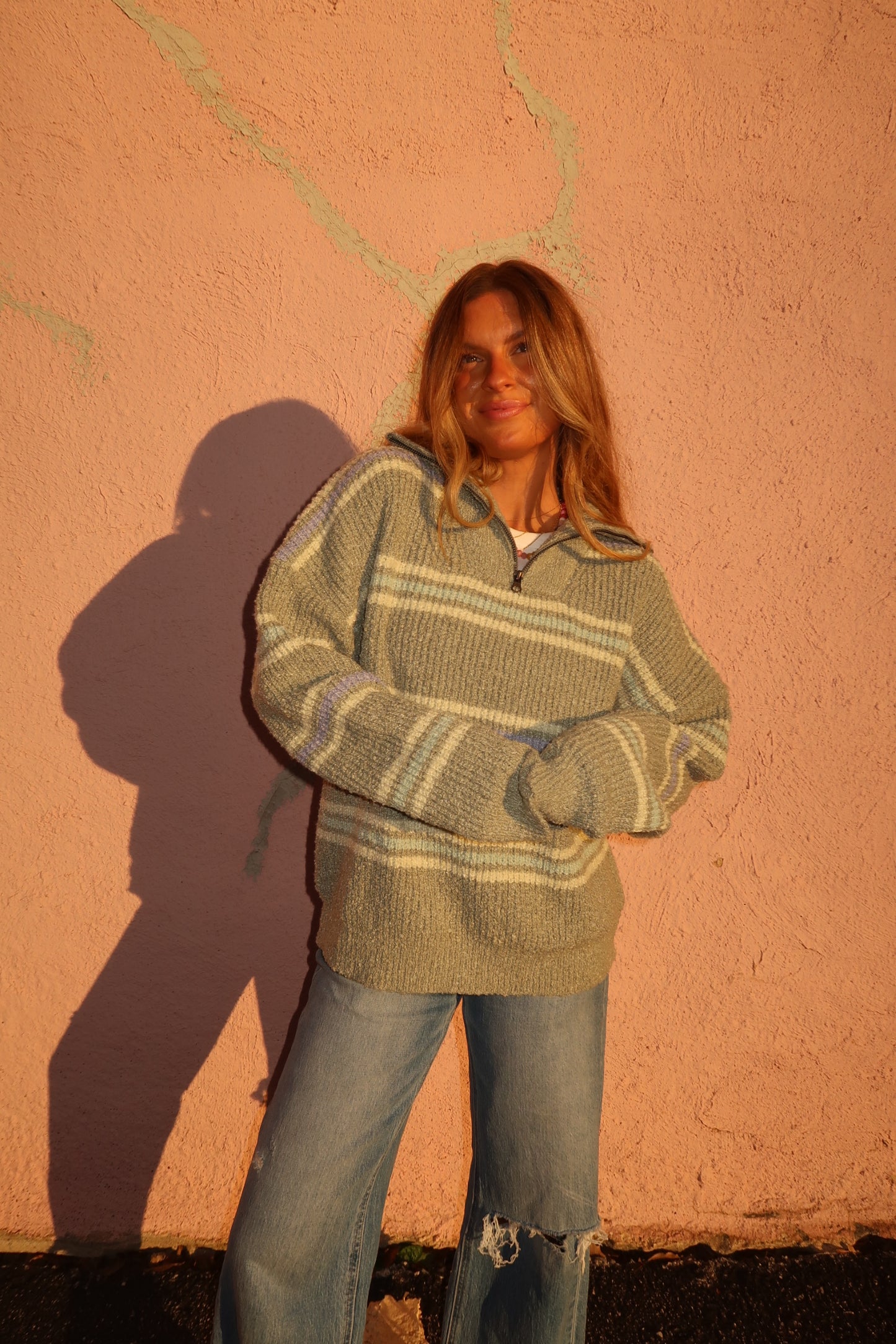 Sage Stripe Half Zip Sweater