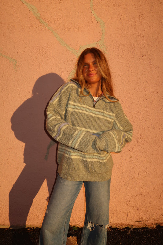 Sage Stripe Half Zip Sweater