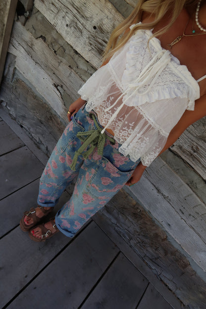 Sawyer Floral Tie Waist Barrel Jeans