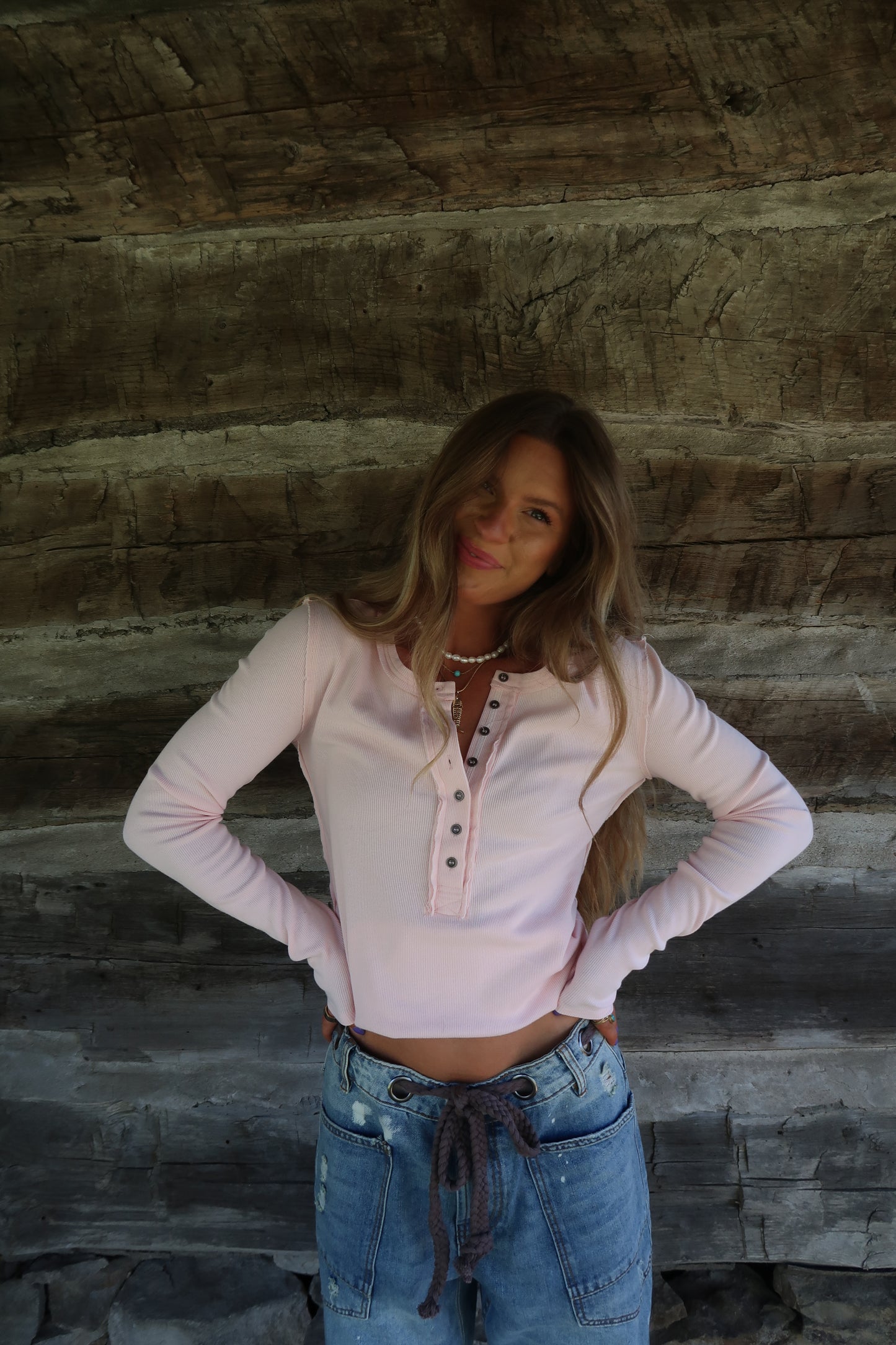 Blush Ribbed Henley Long Slv