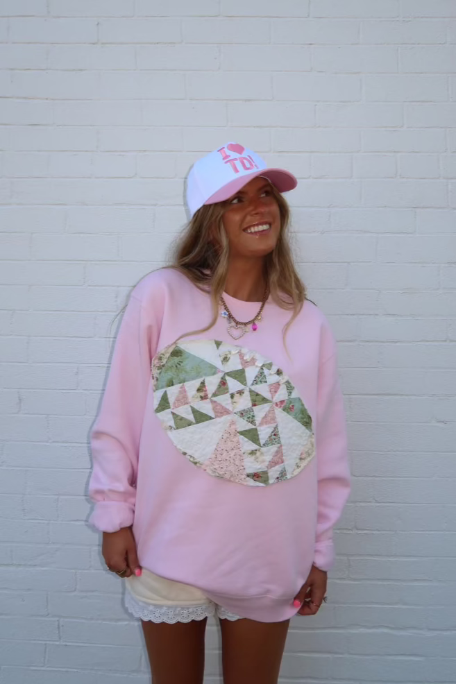 Handmade Football Crewneck (light green + pink quilt)