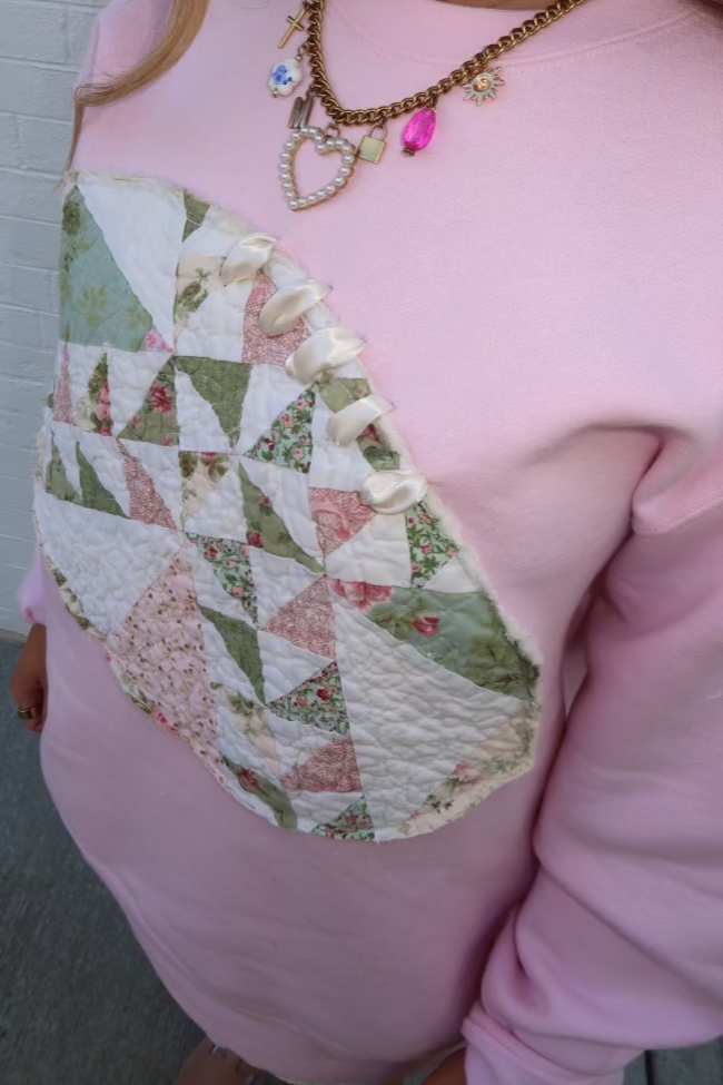 Handmade Football Crewneck (light green + pink quilt)