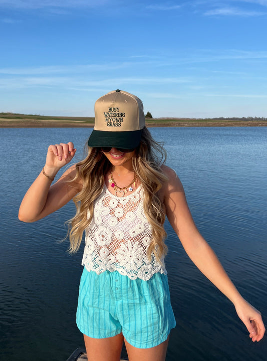 Busy Watering my Own Grass Canvas Trucker Hat