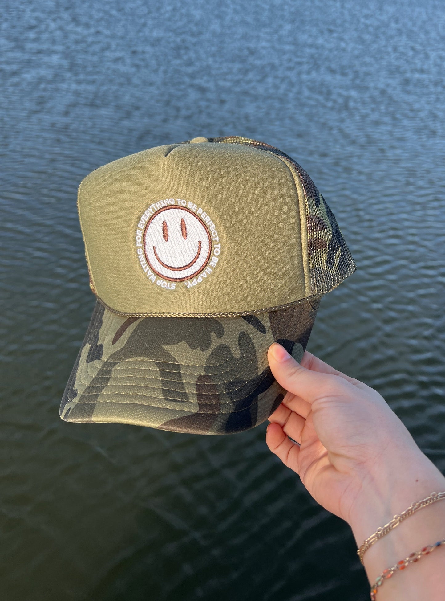 Camo Smiley Face Trucker Hat